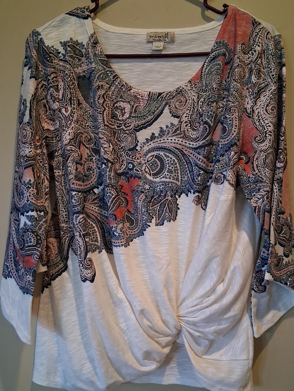 ONE WORLD White Long Sleeve Paisley Twist Front Top with Coral and Blue Accents